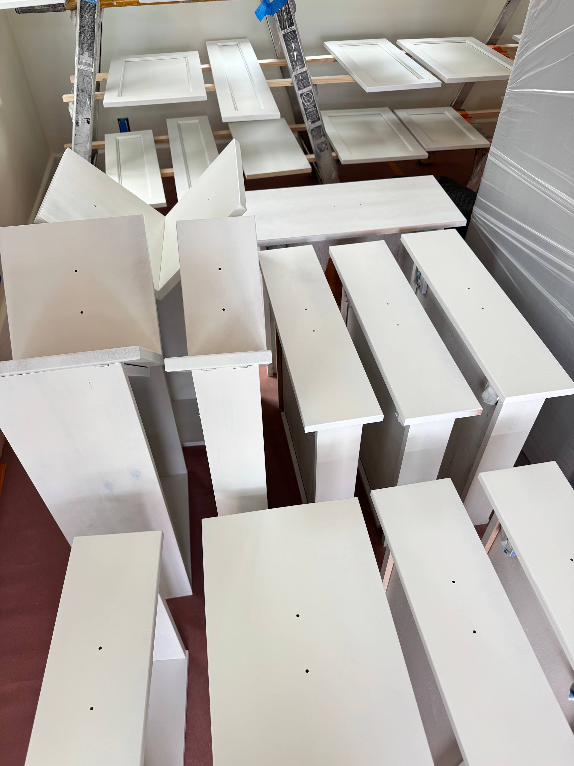 Cabinet doors drying after painting, Orange County