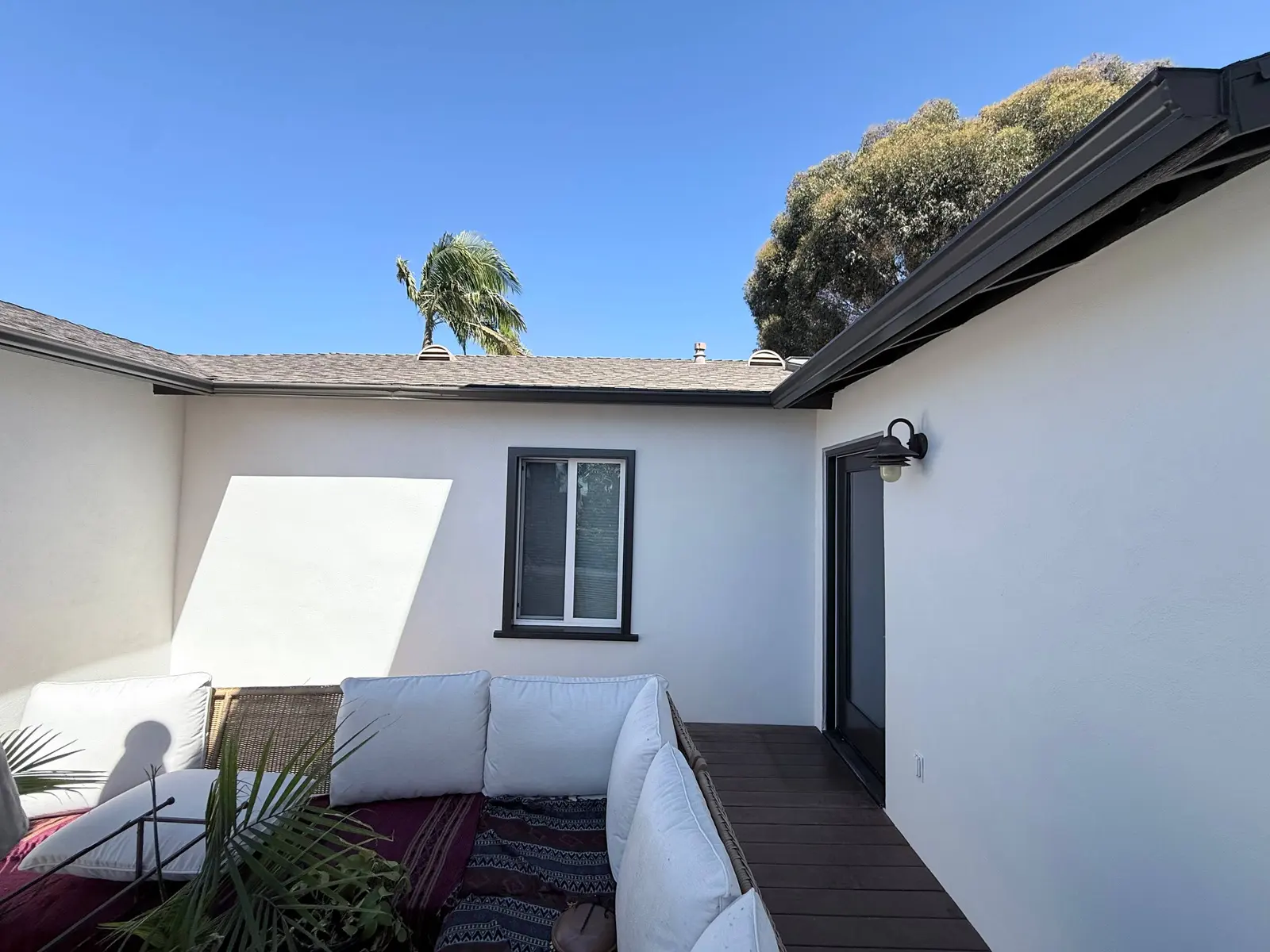 Finished patio-side stucco and exterior trim in La Jolla