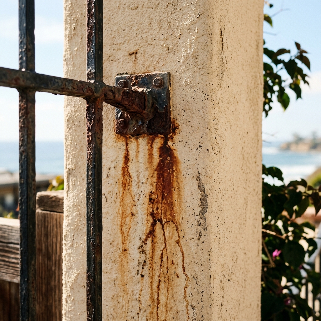 Rust stains dripping from metal railings on a San Diego coastal stucco home exterior