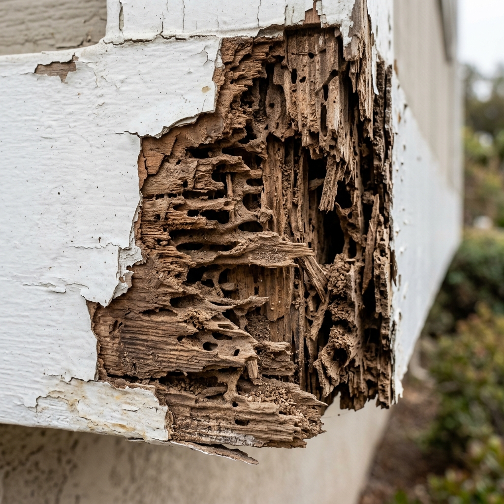 Termite damage on exterior wooden trim with peeling white paint