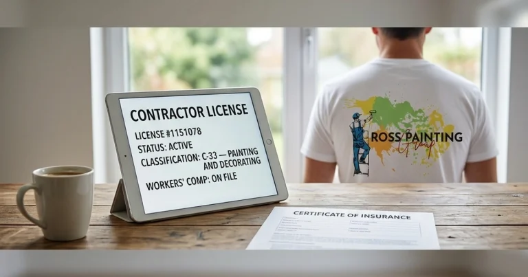 Homeowner checking a painting contractor CSLB license record and certificate of insurance at a kitchen table, San Diego