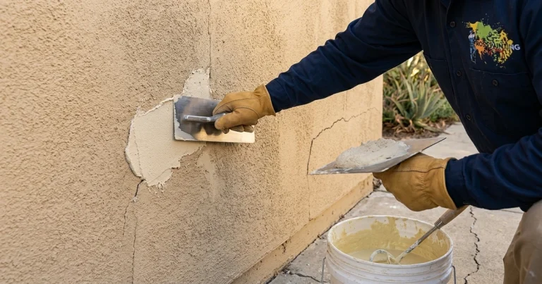Trowel smoothing a fresh stucco patch on a San Diego home exterior