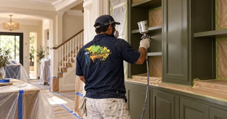 Ross Painting Group painter spray-finishing deep olive built-in cabinets in an Encinitas home